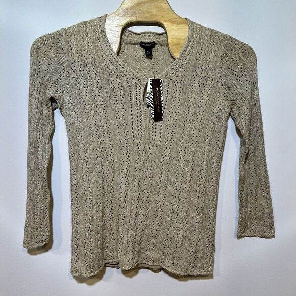 DANA BUCHMAN Signature Womens‎ Large Tan Crochet Knit Sweater Lined Boho Hippie - Picture 1 of 7